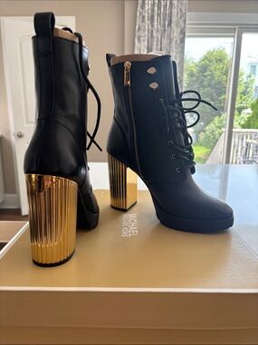 Michael Kors Black Leather Porter Lace-Up Ankle Boots with Gold Heel